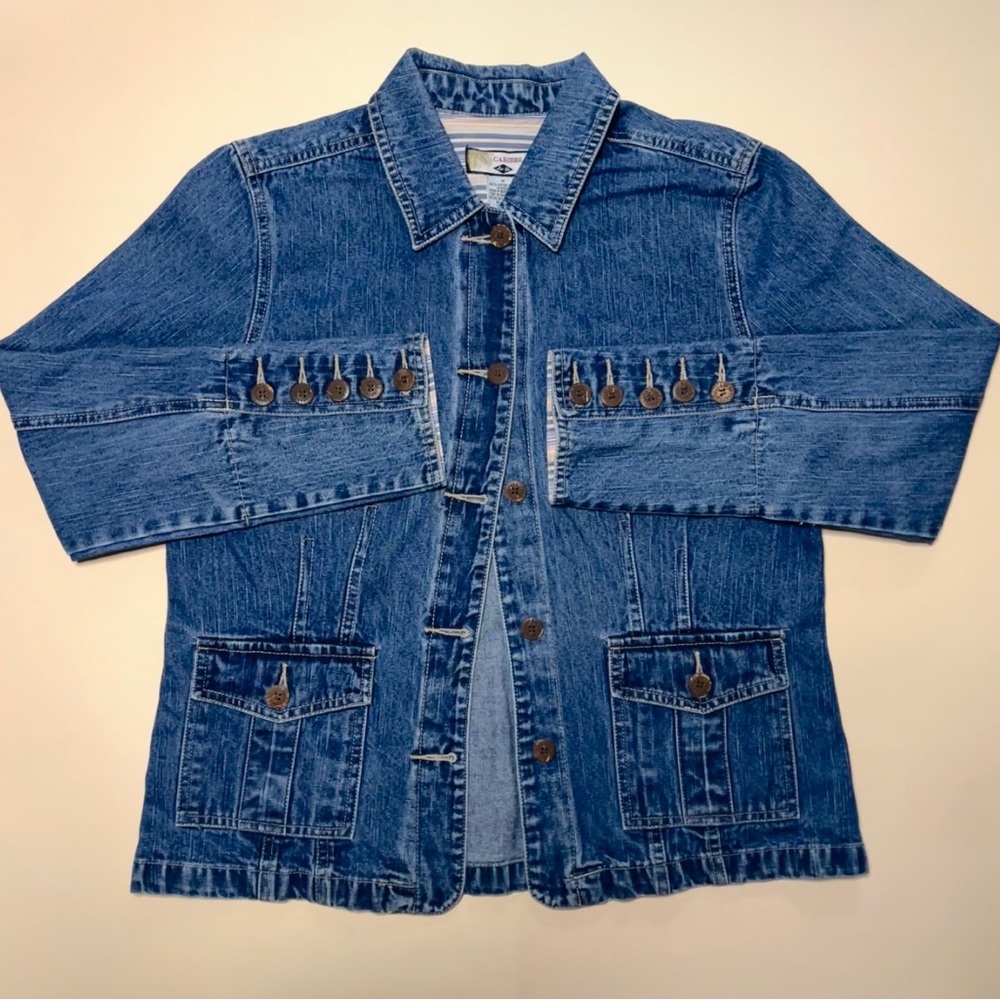 Caribbean Joe denim jean jacket with striped lining.
